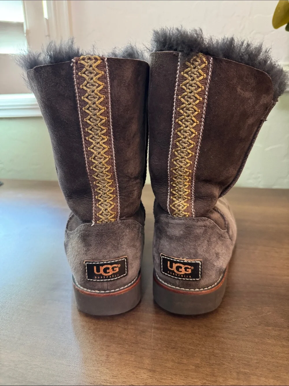 UGG Chocolate Embroidered Suede Shearling-Lined Mid-Calf Boot, Sz. 9